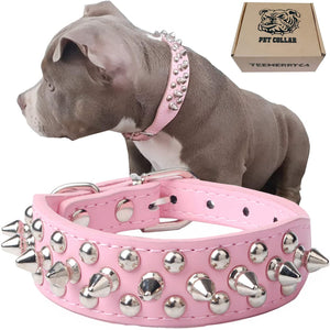 Adjustable Leather Spiked Studded Dog Collars with a Squeak Ball