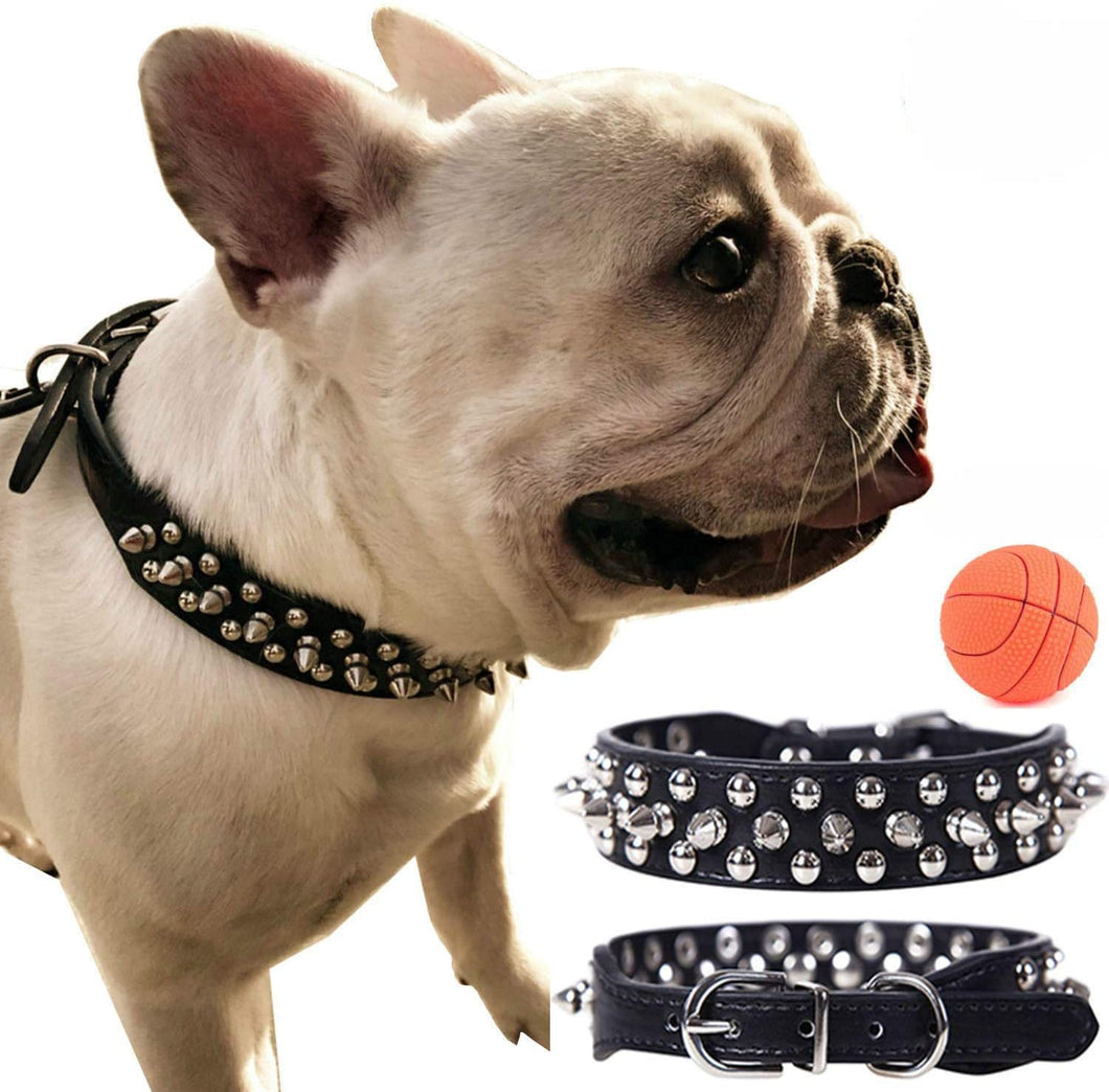 Adjustable Leather Spiked Studded Dog Collars with a Squeak Ball